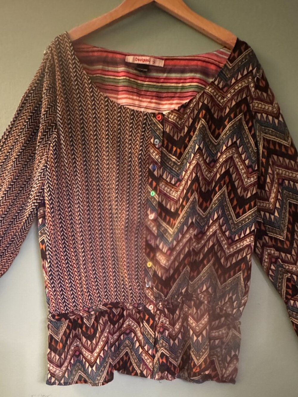 Desigual Boho Geometric Print Blouse Multicolor Button Front Flowy Long Sleeve T
